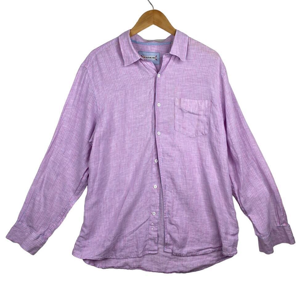 32 Bar Blues Men's Pink & Blue Striped Long Sleeve Linen Blend Button Up Size XL